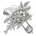 lake scene with my wedding bouquet fine line tattoo design idea