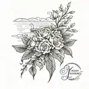 lake scene with my wedding bouquet fine line tattoo design idea