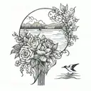 lake scene with my wedding bouquet fine line tattoo design idea