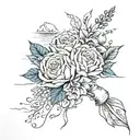 lake scene with my wedding bouquet fine line tattoo design idea