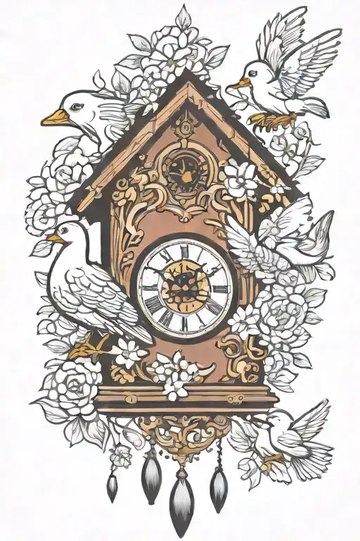 cuckoo clock with mother goose and 2 baby geese following behind tattoo design idea