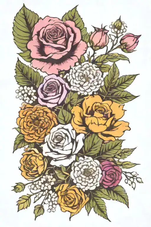 marigold, fern leaf, Lily of the valley, larkspur, a fig, carnation, olive tree branch,  poppy, chrysanthemum and a rose tattoo design idea