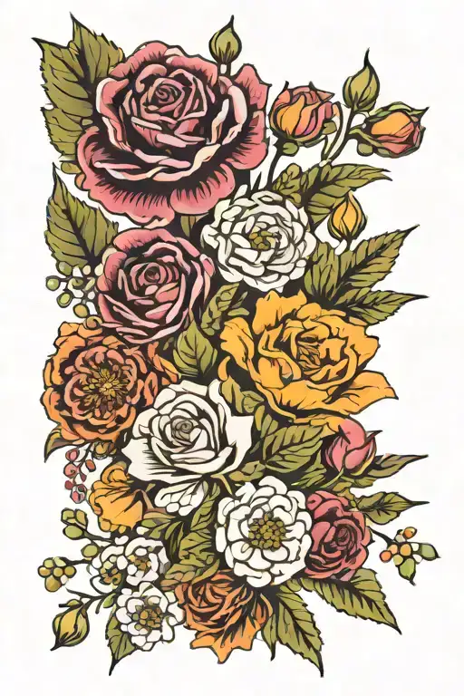 marigold, fern leaf, Lily of the valley, larkspur, a fig, carnation, olive tree branch,  poppy, chrysanthemum and a rose tattoo design idea