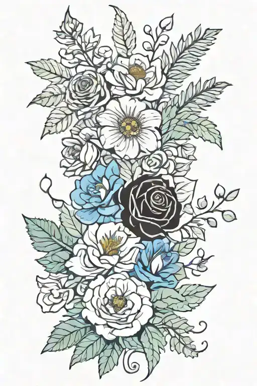 marigold, fern leaf, Lily of the valley, larkspur, a fig, carnation, olive tree branch,  poppy, chrysanthemum and a rose tattoo design idea