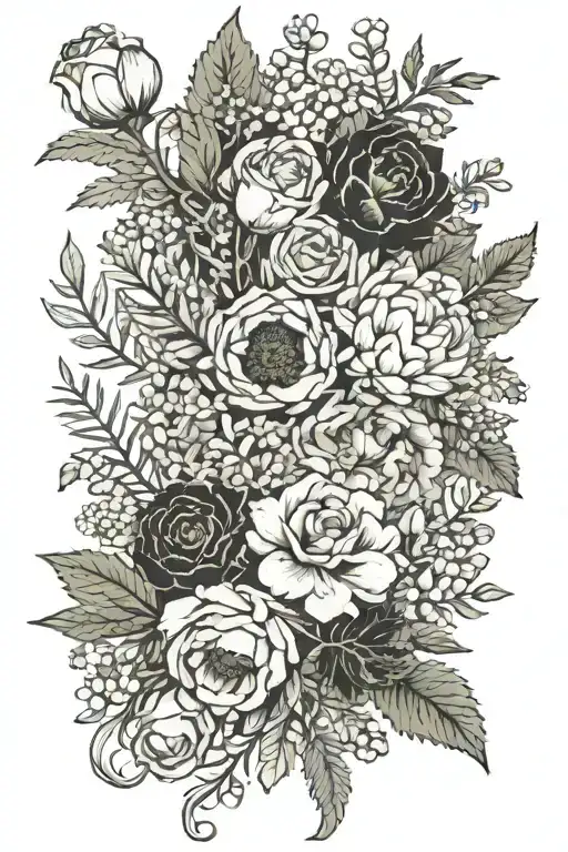 marigold, fern leaf, Lily of the valley, larkspur, a fig, carnation, olive tree branch,  poppy, chrysanthemum and a rose tattoo design idea