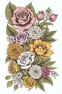 marigold, fern leaf, Lily of the valley, larkspur, a fig, carnation, olive tree branch,  poppy, chrysanthemum and a rose tattoo design idea