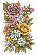 marigold, fern leaf, Lily of the valley, larkspur, a fig, carnation, olive tree branch,  poppy, chrysanthemum and a rose tattoo design idea