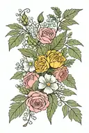 a marigold, fern leaf, Lily of the valley, larkspur, a fig, carnation, olive tree branch,  poppy, chrysanthemum and rose tattoo design idea