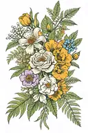 a marigold, fern leaf, Lily of the valley, larkspur, a fig, carnation, olive tree branch,  poppy, chrysanthemum and rose tattoo design idea