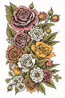 marigold, fern leaf, Lily of the valley, larkspur, a fig, carnation, olive tree branch,  poppy, chrysanthemum and a rose tattoo design idea