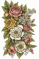 marigold, fern leaf, Lily of the valley, larkspur, a fig, carnation, olive tree branch,  poppy, chrysanthemum and a rose tattoo design idea