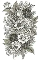 marigold, fern leaf, Lily of the valley, larkspur, a fig, carnation, olive tree branch,  poppy, chrysanthemum and a rose tattoo design idea