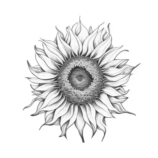 A dotwork design of a sunflower with lyrics from a favorite worship song incorporated in the petals tattoo design idea