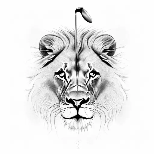 A majestic lion standing on a golf course, swinging a golf club with precision and power tattoo design idea