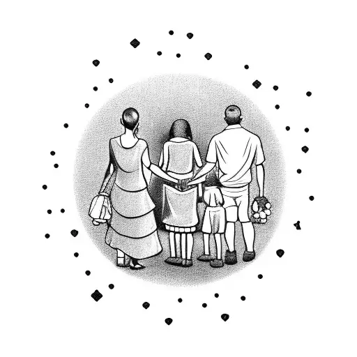 A black-grey tattoo of a mom holding hands with her children, surrounded by encouraging words tattoo design idea