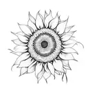 A dotwork design of a sunflower with lyrics from a favorite worship song incorporated in the petals tattoo design idea
