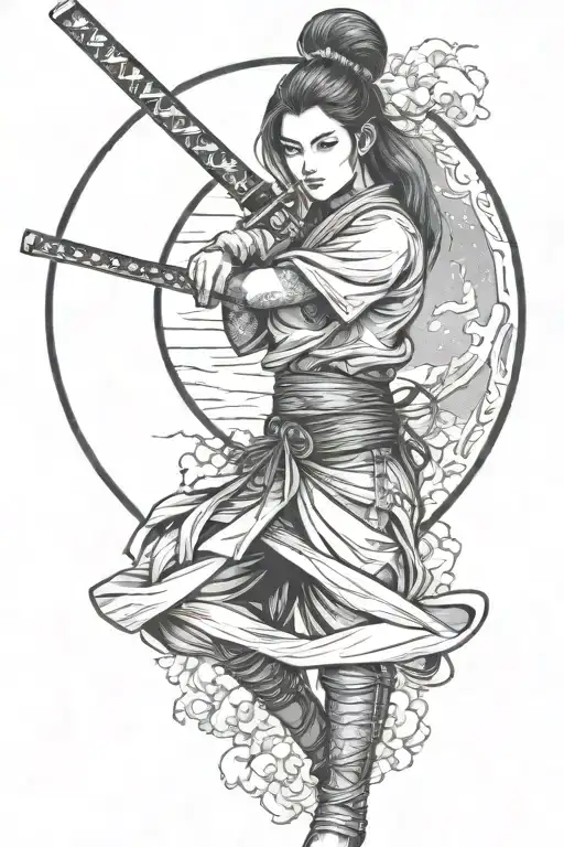Girl with a katana against the background of the moon tattoo design idea