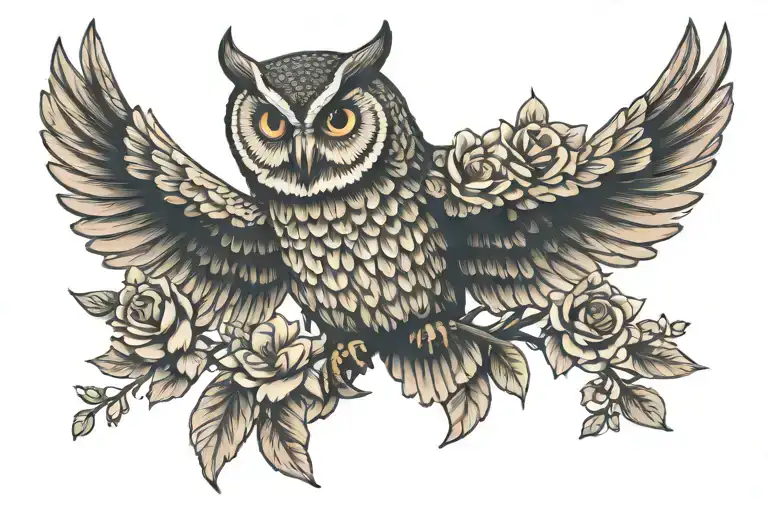 vintage owl wings spread with flowers  tattoo design idea