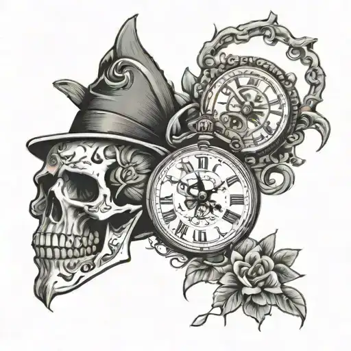 calavera con guadaña junto a un cuervo y un reloj de bolsillo tattoo design idea