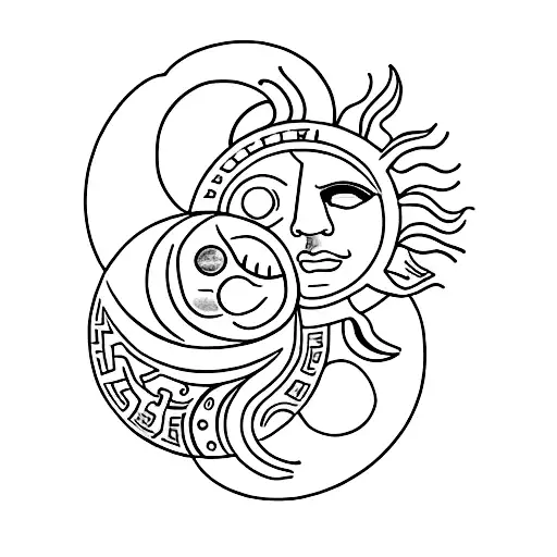 A minimalist tattoo of a sun and moon merging together, representing the harmony between music and art tattoo design idea