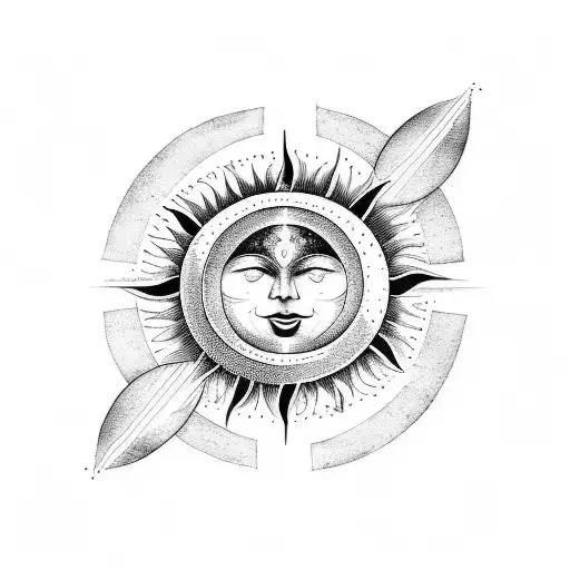 A minimalist tattoo of a sun and moon merging together, representing the harmony between music and art tattoo design idea