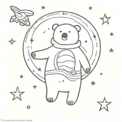A cosmic bear floating in space surrounded by alien birds tattoo design idea
