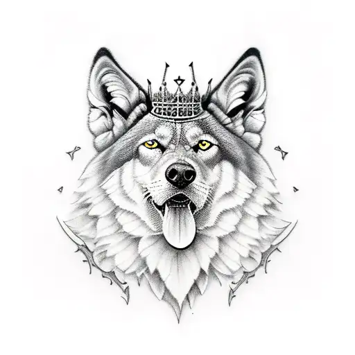 mujer con rasgos de Lobo y una corona de reina  tattoo design idea