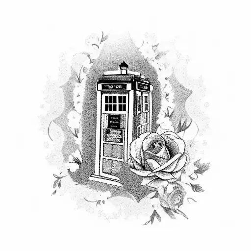 A blackwork tattoo of the TARDIS from Dr Who with a bouquet of flowers bursting out of it tattoo design idea