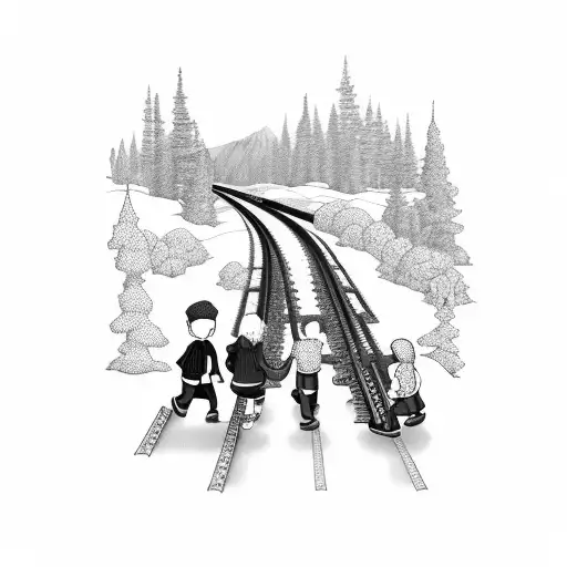 children walking on train tracks in mointains tattoo design idea