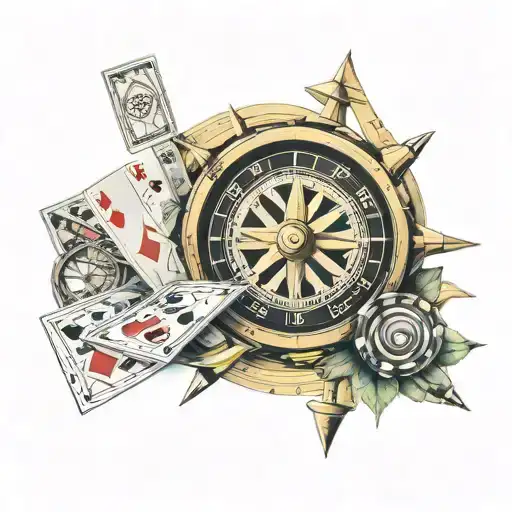 Compass with roulette wheel and cards  tattoo design idea