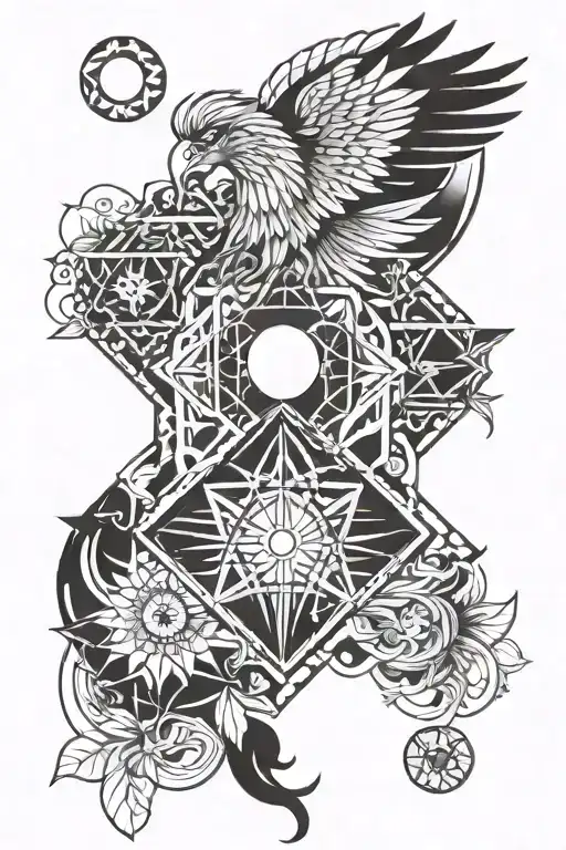 geometric phoenix on metatrone cube with sun and moon merging  tattoo design idea