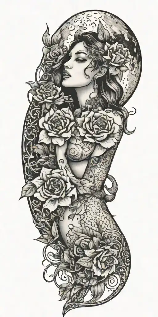 moon, bimbos in bikinis, lips, flowers tattoo design idea