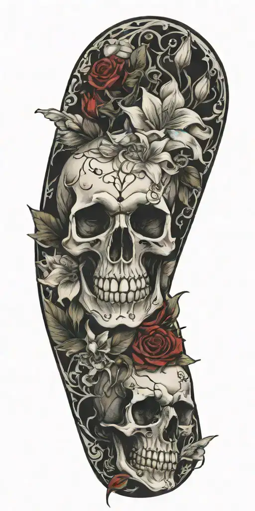 skulls, roses, and lilies tattoo design idea