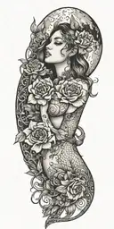 moon, bimbos in bikinis, lips, flowers tattoo design idea