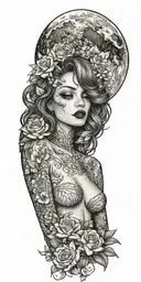 moon, bimbos in bikinis, lips, flowers tattoo design idea