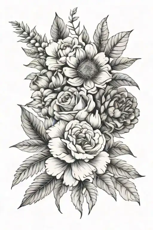 November, March, and May birth flower bouquet tattoo design idea