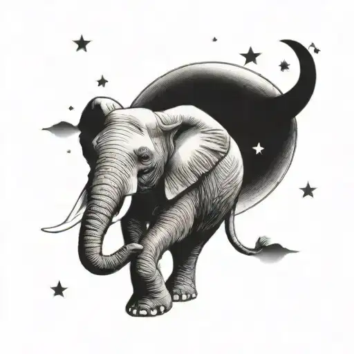 elephant reaching its tusk to the moon tattoo design idea