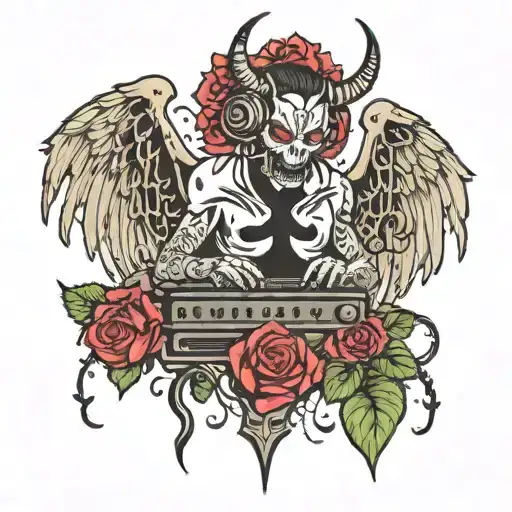 A demon DJ with wings made of musical notes and roses tattoo design idea