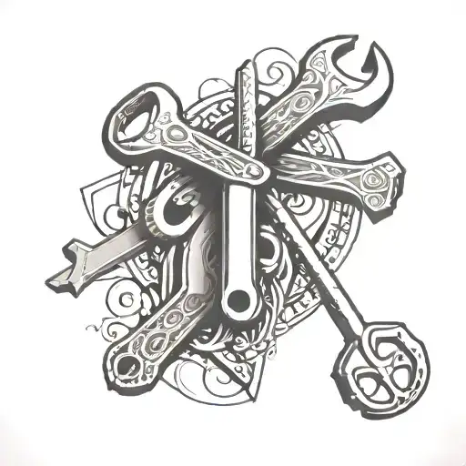 An intricate design of a wrench and hammer intertwined with musical notes, symbolizing the client's love for tools and music tattoo design idea