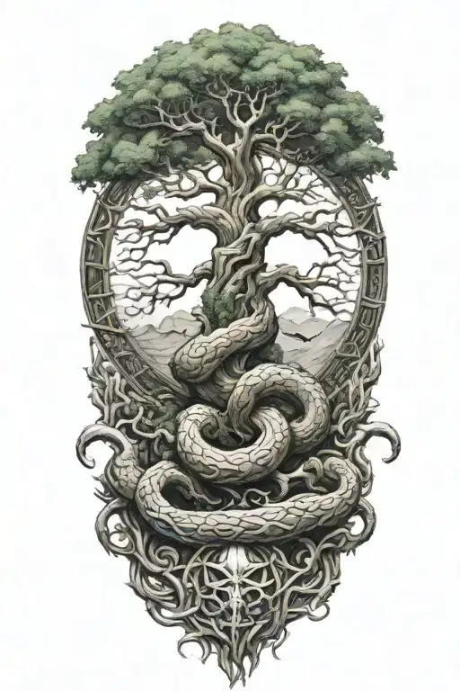 yggdrasil with world serpent wrapped tattoo design idea