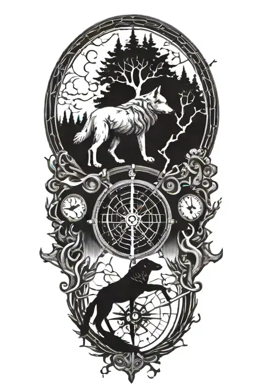 yggdrasil viking compass two wolves mjolnir tattoo design idea