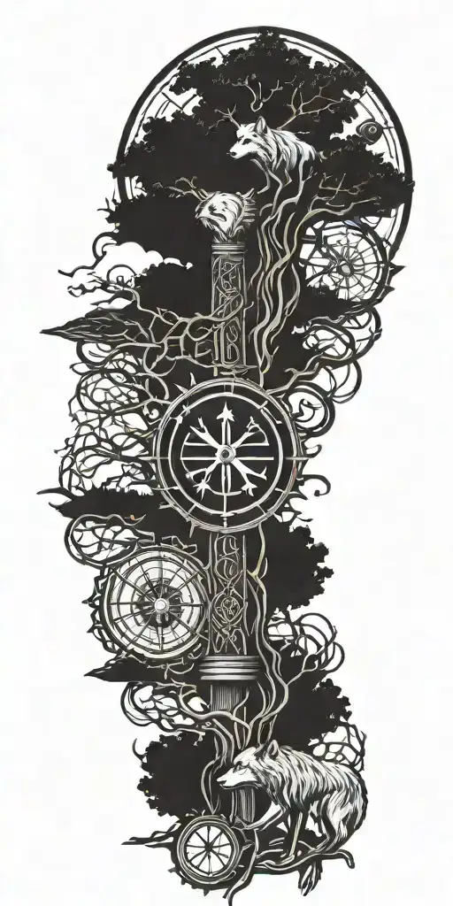 yggdrasil viking compass two wolves mjolnir hammer tattoo design idea