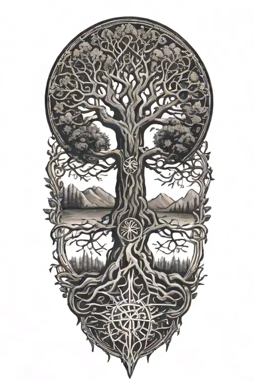 yggdrasil with norse runes tattoo design idea