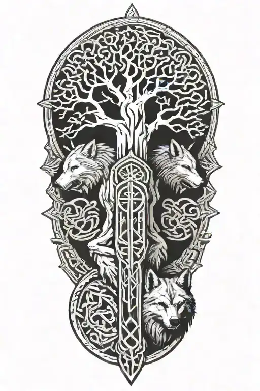 yggdrasil viking runes two wolves mjolnir tattoo design idea