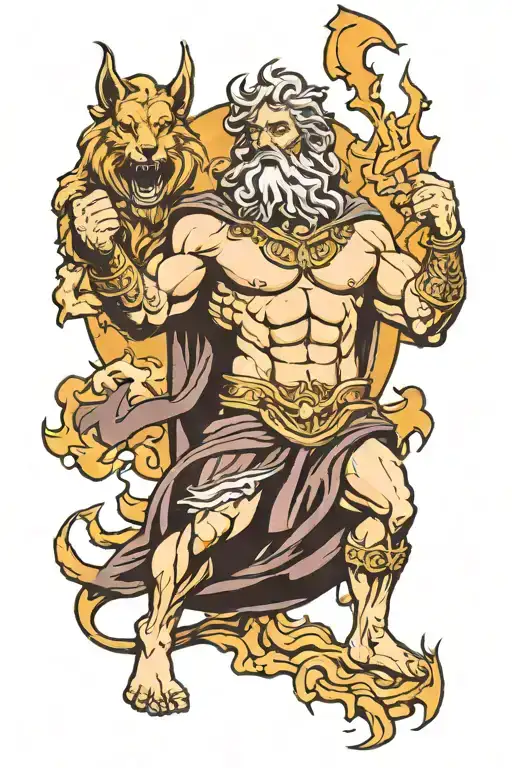 Zeus holding a lightning bolt aimed at Hades (who is guarded by Cerberus) tattoo design idea