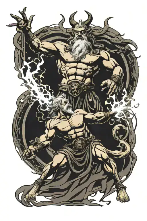 Zeus aiming a lightning bolt at Hades (who is guarded by Cerberus) In the underworld tattoo design idea