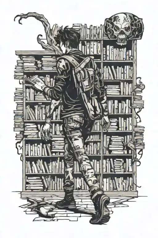 horror character walking in a library with an earthy vibe  tattoo design idea