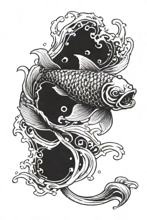 A koi fish swimming upstream with a pencil in its mouth, representing perseverance and creativity tattoo design idea