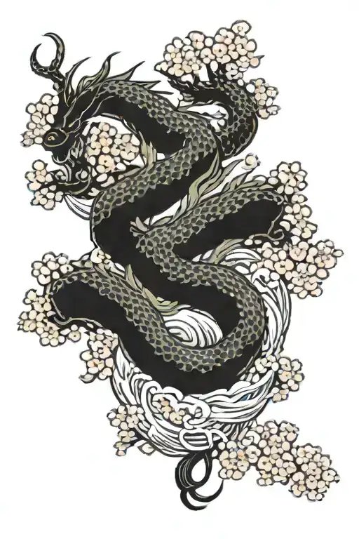 A Japanese dragon blending into a traditional Japanese landscape with cherry blossoms and a flowing river tattoo design idea