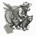 A teacher in a western cowboy hat, holding a rifle and standing next to a bear and turkey tattoo design idea